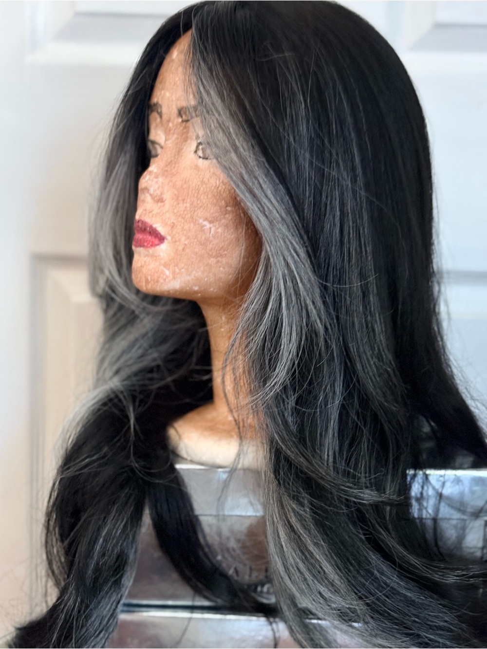 Long Wavy Black Wig with Gray Highlights